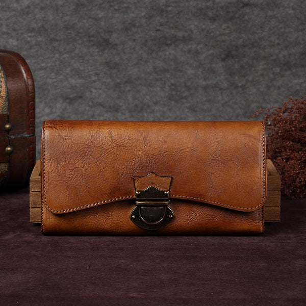 Handmade Genuine Leather Vintage Long Wallet Purse Clutch Accessories Gift Women Brown