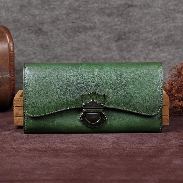 Handmade Genuine Leather Vintage Long Wallet Purse Clutch Accessories Gift Women Green