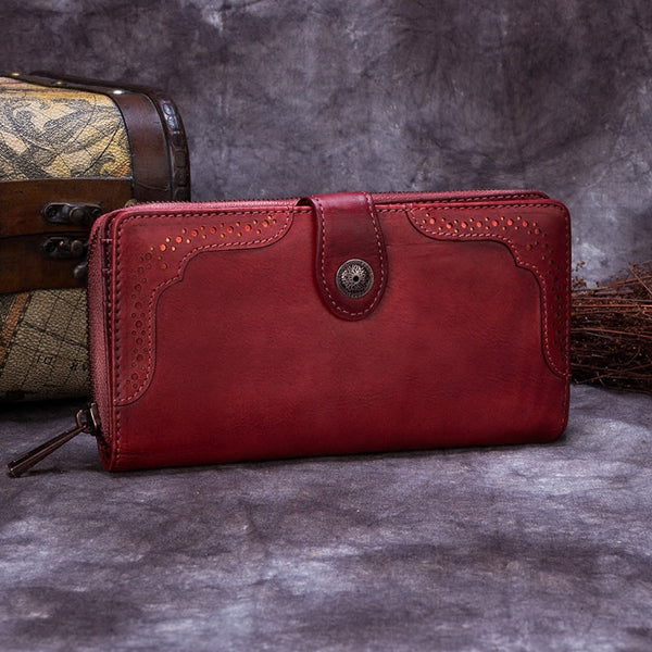 Handmade Genuine Leather Vintage Long Wallet Purse Clutch Accessories Gift Women Red