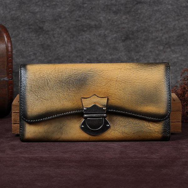 Handmade Genuine Leather Vintage Long Wallet Purse Clutch Accessories Gift Women Yellow