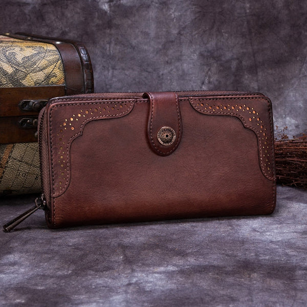 Womens Vintage Leather Zip Clutch Wallet Leather Wallets for Women