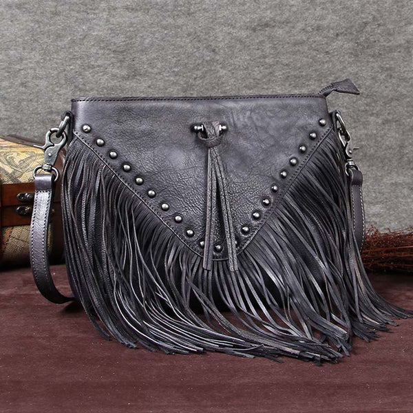 Handmade Genuine Leather Vintage Tassels Crossbody Shoulder Bags Purses Women Grey
