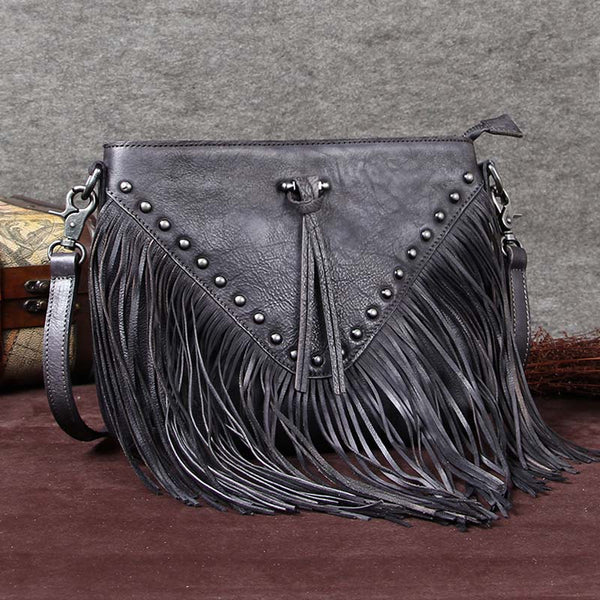 Vintage Boho Leather Fringe Crossbody Bags Purse Shoulder Bag for Women