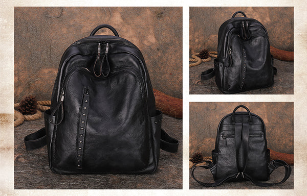 Handmade Ladies Leather Laptop Backpack Purse Women's Leather Rucksack For Women Black