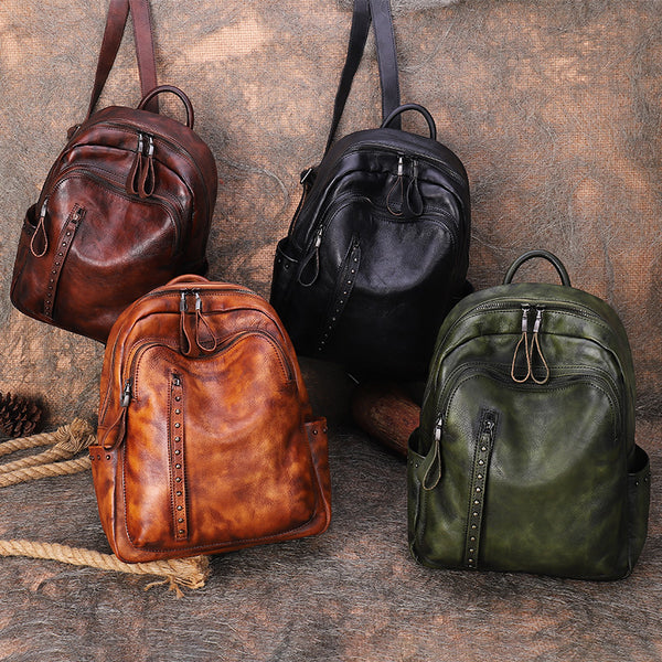 Vintage Green Leather Backpack Purse For Women Leather Rucksack
