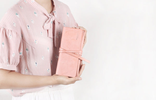 Handmade Ladies Pink Leather Long Wallets Clutch Bags Purses for Women Minimalist