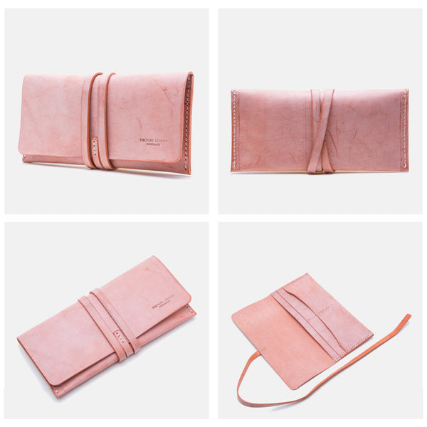 Handmade Ladies Pink Leather Long Wallets Clutch Bags Purses for Women Designer