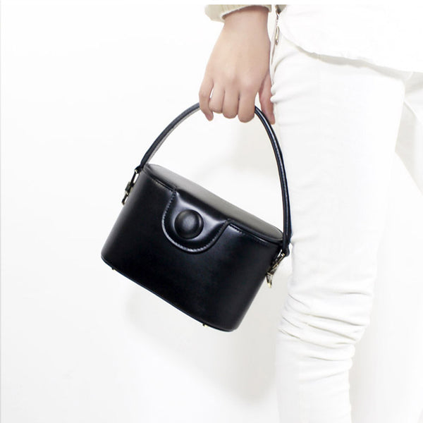 Handmade Leather Handbag Crossbody Shoulder Round Bag Purse Clutch Women black wear