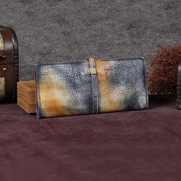 Handmade Leather Long Wallet Clutch Accessories Gift Women Yellow&Grey