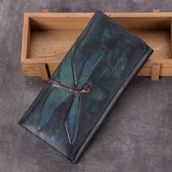 Handmade Leather Long Wallet Purse Clutch Accessories Women green