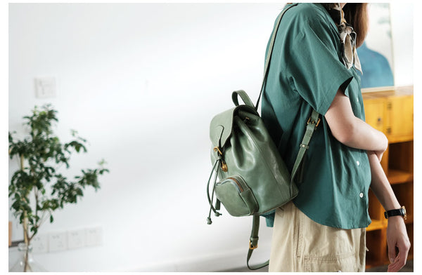 Handmade Womens Real Leather Flap Backpack Purse Leather Knapsack for Women Cowhide