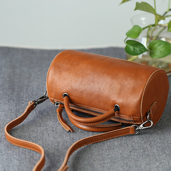 Handmade Womens Small Leather Barrel Bag Crossbody Bags Purses for Women Black