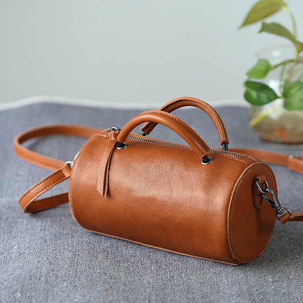 Handmade Womens Small Leather Barrel Bag Crossbody Bags Purses for Women beautiful