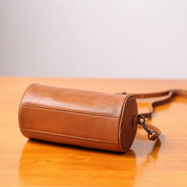 Handmade Womens Small Leather Barrel Bag Crossbody Bags Purses for Women cowhide
