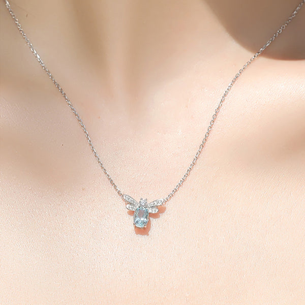 Honeybee Aquamarine Necklace White Gold Plated Silver Aquamarine Pendant Necklace Cute