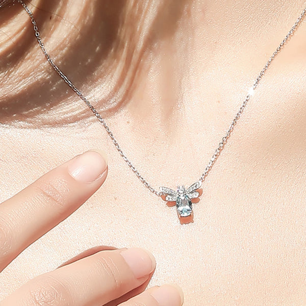 Honeybee Aquamarine Necklace White Gold Plated Silver Aquamarine Pendant Necklace Elegant