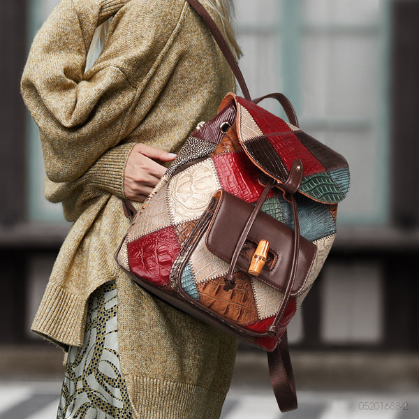Ladies Boho Leather Drawstring Backpack Purse Leather Rucksack For Women Accessories