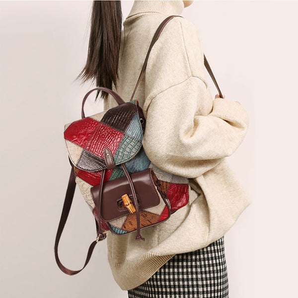 Ladies Boho Leather Drawstring Backpack Purse Leather Rucksack For Women Badass