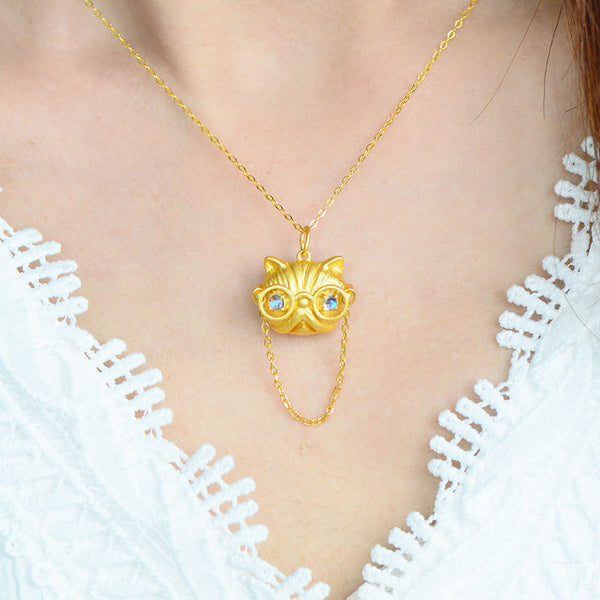 Ladies Cat Shaped Gold Plated Sterling Silver Moonstone Pendant Necklace For Women