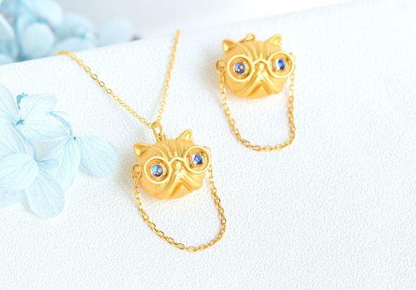 Ladies Cat Shaped Gold Plated Sterling Silver Moonstone Pendant Necklace For Women Chic