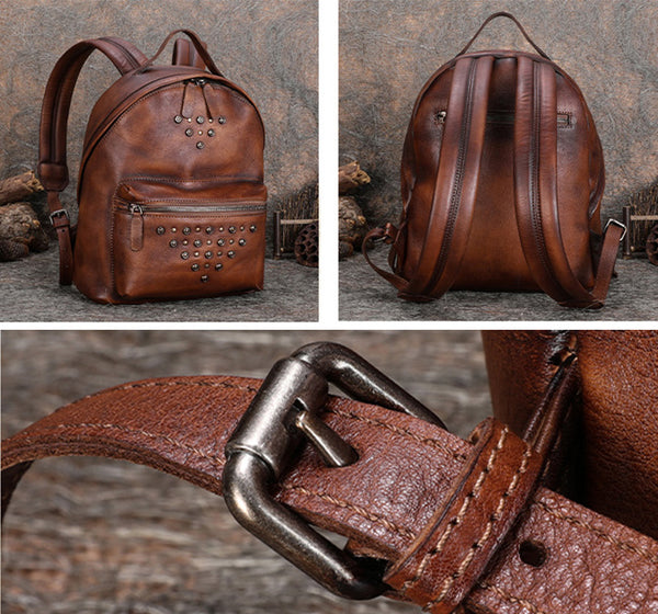 Ladies Designer Rivet Leather Backpack Bag Purse Cool Backpacks for Women Genuine Leather
