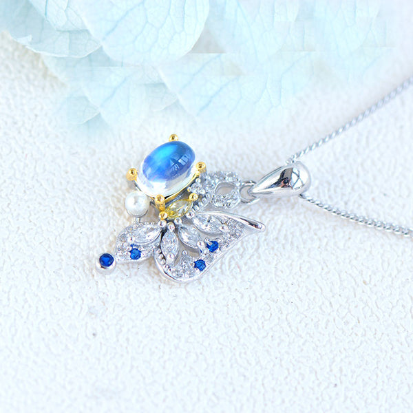 Ladies Gold Plated Silver Butterfly Moonstone Pendant Necklace For Women Badass