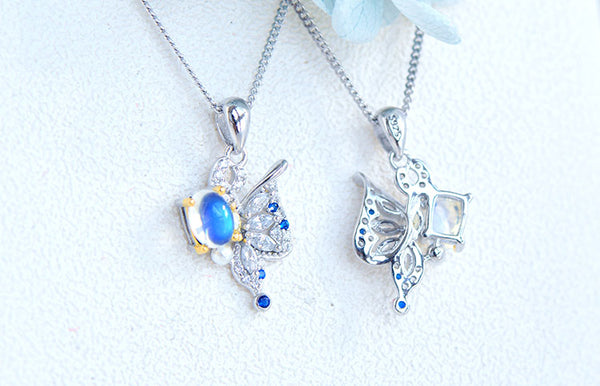 Ladies Gold Plated Silver Butterfly Moonstone Pendant Necklace For Women Designer
