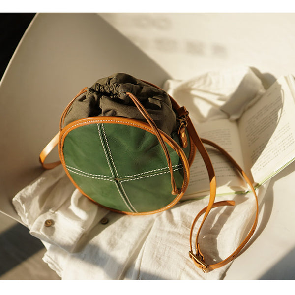 Ladies Green Leather Circle Bag Round Purse Small Crossbody Purse for Women