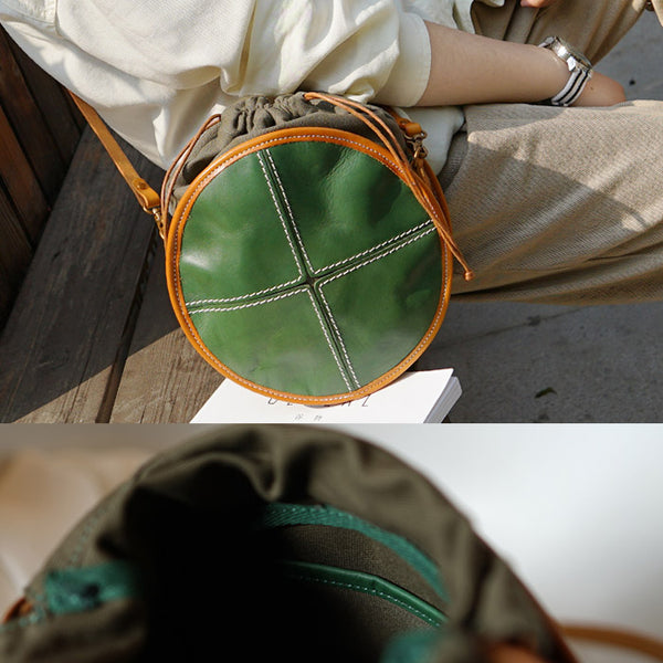 Ladies Green Leather Circle Bag Round Purse Small Crossbody Purse for Women cool