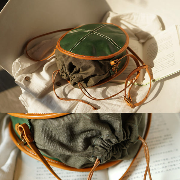 Ladies Green Leather Circle Bag Round Purse Small Crossbody Purse