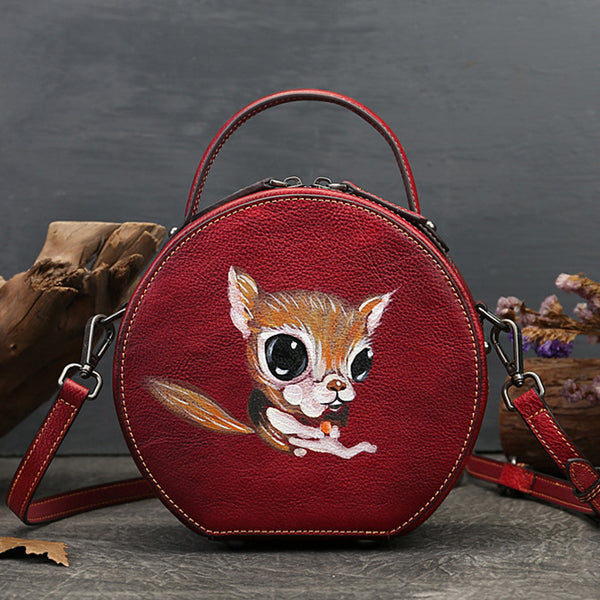 Ladies Leather Circle Bag With Hand-drawn Squirrel Side Bags For Women Chic