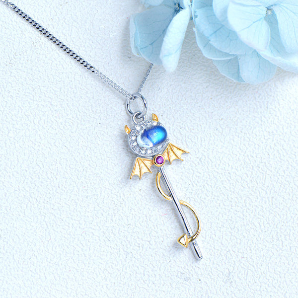 Ladies Little Devil Shaped Silver Moonstone Pendant Necklace June Birthstone Pendant Necklace Accessories