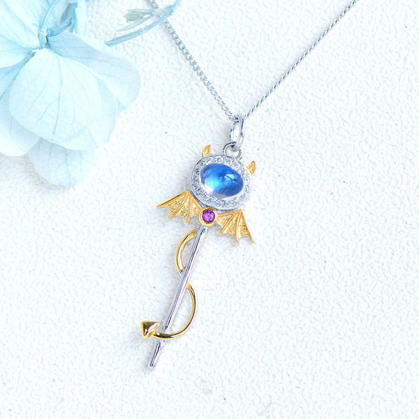 Ladies Little Devil Shaped Silver Moonstone Pendant Necklace June Birthstone Pendant Necklace Badass
