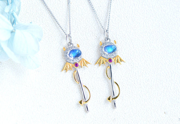 Ladies Little Devil Shaped Silver Moonstone Pendant Necklace June Birthstone Pendant Necklace Best