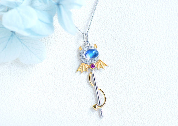 Ladies Little Devil Shaped Silver Moonstone Pendant Necklace June Birthstone Pendant Necklace Chic