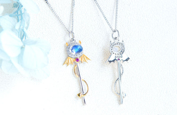 Ladies Little Devil Shaped Silver Moonstone Pendant Necklace June Birthstone Pendant Necklace Cool