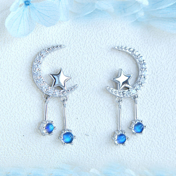 Ladies Moon Star Silver Blue Moonstone Stud Earrings June Birthstone Earrings For Women