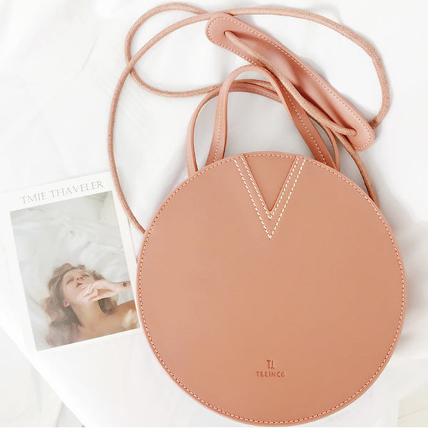 Ladies Pink Leather Crossbody Bags Women Shoulder Bag Circle Bag Minimalism