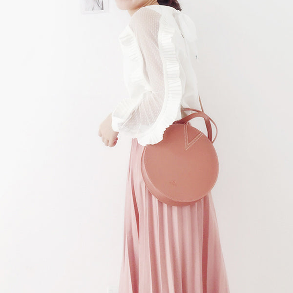 Ladies Pink Leather Crossbody Bags Women Shoulder Bag Circle Bag cute
