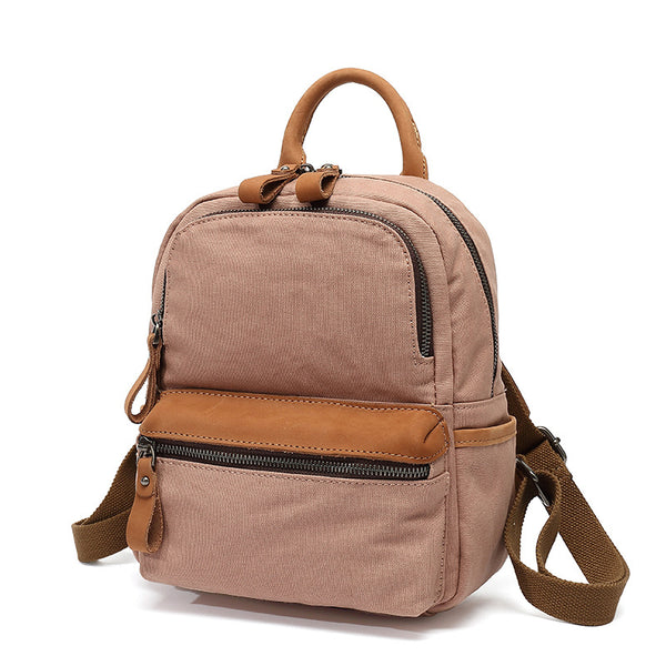 Ladies Small Canvas Leather Hiking Backpack Purse With Pockets Small Rucksack Bags for Women Accessories