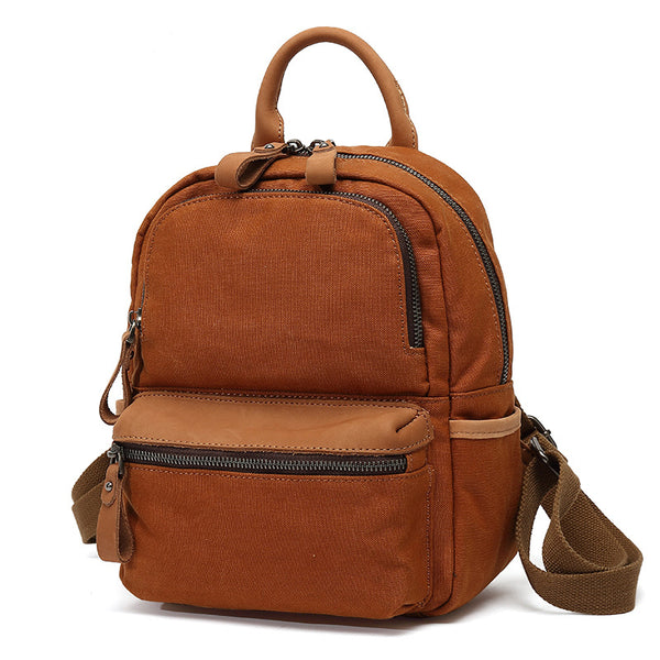 Ladies Small Canvas Leather Hiking Backpack Purse With Pockets Small Rucksack Bags for Women Beautiful