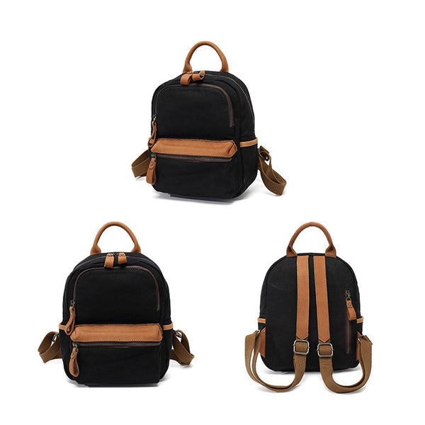 Ladies Small Canvas Leather Hiking Backpack Purse With Pockets Small Rucksack Bags for Women Black