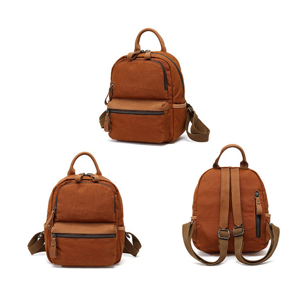 Ladies Small Canvas Leather Hiking Backpack Purse With Pockets Small Rucksack Bags for Women Brown