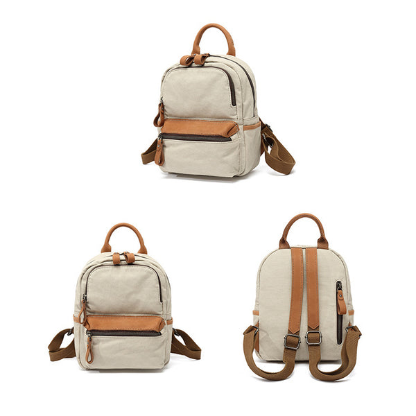 Ladies Small Canvas Leather Hiking Backpack Purse With Pockets Small Rucksack Bags for Women Casual