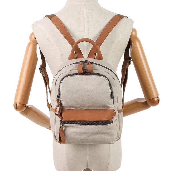 Ladies Small Canvas Leather Hiking Backpack Purse With Pockets Small Rucksack Bags for Women