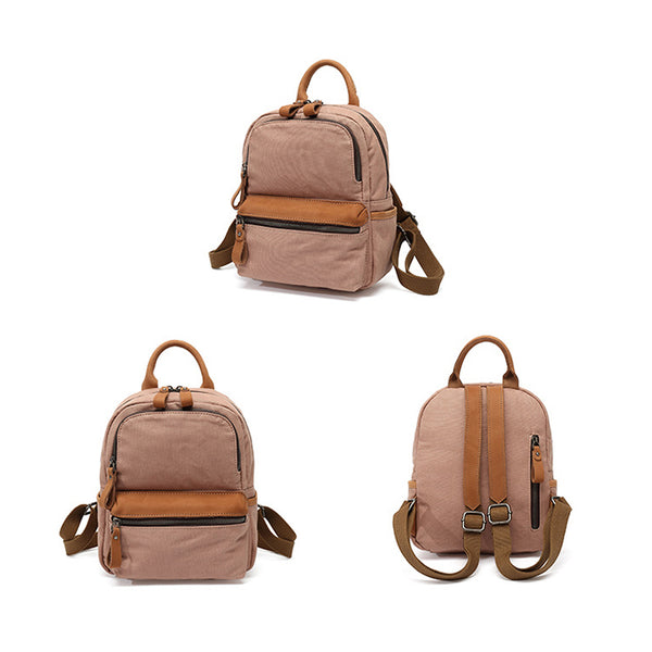 Ladies Small Canvas Leather Hiking Backpack Purse With Pockets Small Rucksack Bags for Women Handmade