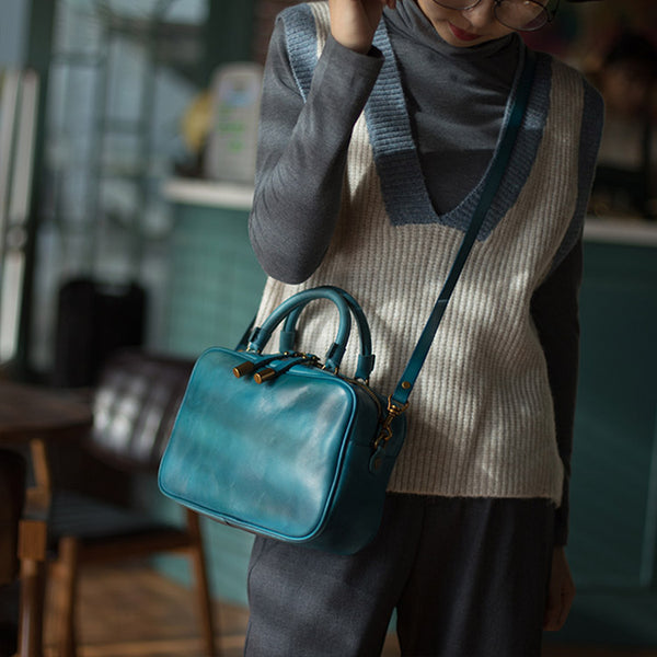 Ladies Small Cube Bag Blue Leather Handbag Crossbody Purse for Women Boutique