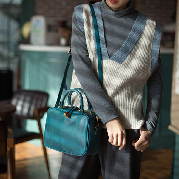 Ladies Small Cube Bag Blue Leather Handbag Crossbody Purse for Women Blue