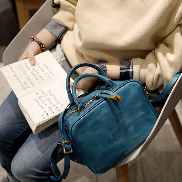 Ladies Small Cube Bag Blue Leather Handbag Crossbody Purse for Women Designer