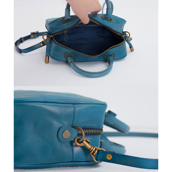 Ladies Small Cube Bag Blue Leather Handbag Crossbody Purse for Women Details